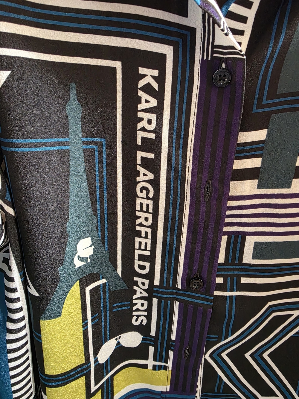 Karl Lagerfeld Black Blue Green Yellow Graphic Button-Down Shirt - Picture 2 of 4